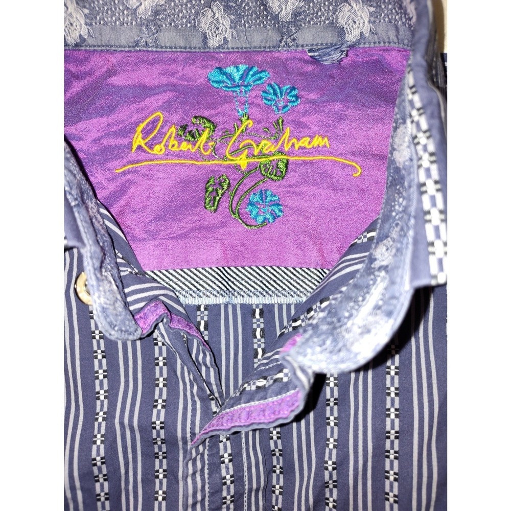 Robert Graham Mens Blue White Striped Button Down Shirt Purple Cuffs Size XL - Picture 3 of 12